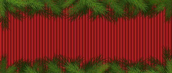 Festive Christmas and New Year holiday frame with green fir branches bordering a deep red textured background, ideal for copy space.