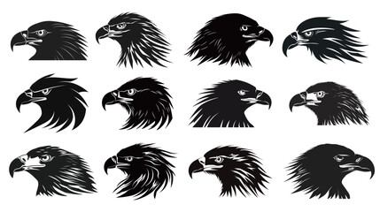Black eagle head silhouette vector, bold wildlife bird emblem, powerful predator symbol isolated on white background