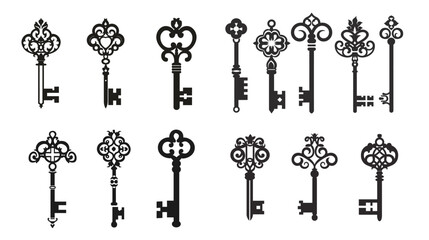 Black silhouette illustration of vintage antique keys set, retro classic key vector