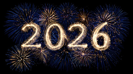 2026 Happy New Year Merry Christmas background with fireworks 2026 elegant greeting card design in blue and gold for company celebrations Stock Vector