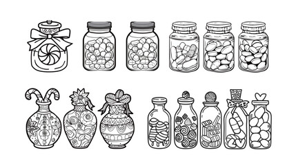 Bold and easy medicine bottle decorated like a candy jar coloring page illustration, cute medical themed outline with thick simple lines, printable black and white coloring sheet for kids and adults
