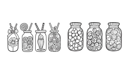 Bold and easy medicine bottle decorated like a candy jar coloring page illustration, cute medical themed outline with thick simple lines, printable black and white coloring sheet for kids and adults