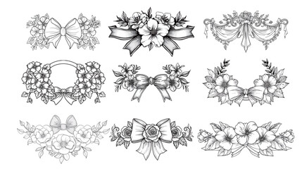 Bold and easy vintage flower bow frame coloring page illustration, cute retro floral border with ribbon bow, thick simple outline, printable black and white coloring sheet for kids and adults