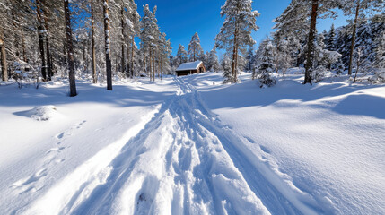 Obraz premium The image captures a snow-covered path leading towards a cozy wooden cabin, surrounded by tall trees, creating a serene winter scene rich in natural beauty and warmth.