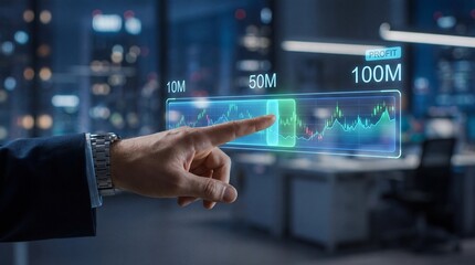 Businessman Hand Points To Digital Financial Chart In Modern Office With City Lights Background