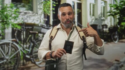 Man holding passport and pointing finger at passport while wearing backpack at house entrance on a residential street with bicycles visible; adventure.