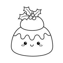 Cute kawaii Christmas pudding with holly garnish coloring page.