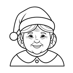 Obraz premium Black and white cartoon illustration of a grandmother in a Santa hat.