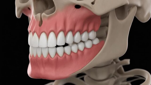 Human jaw bone and teeth alignment rotating in detailed render