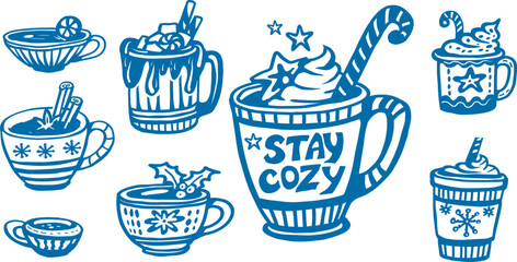 Hand drawn mugs with hot winter drinks