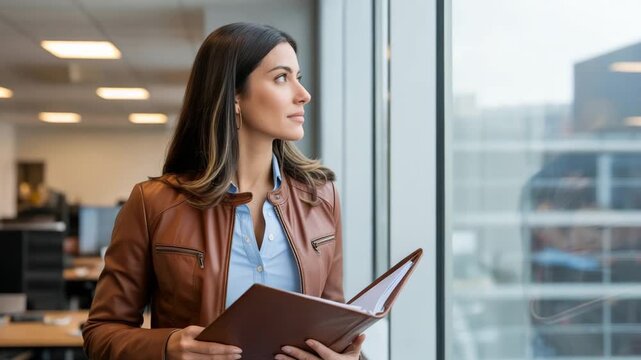 Thoughtful professional woman holding a binder contemplates business strategy while standing near an expansive office window overlooking the city skyline.