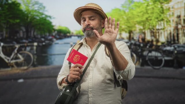 Man holding passport with palm out stop gesture on an amsterdam canal bridge wearing hat and backpack; boundary frustration.
