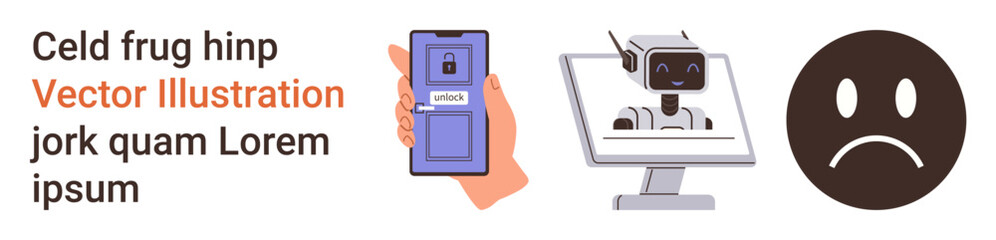 Fototapeta premium Online privacy, cybersecurity, emotional response, AI interaction, identity verification, data safety. Hand holding a phone, a robotic figure on a screen and a sad face. Online privacy