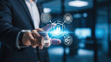 Businessman's Hand Interacting with Holographic Cybersecurity Interface Showing Data Protection Icons