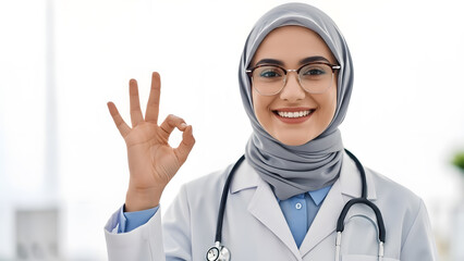 Smiling Muslim female doctor wearing a hijab and stethoscope gives an OK sign.