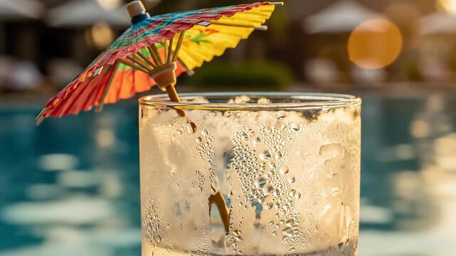 Refreshing beverage with a tropical umbrella by the poolside on a sunny day