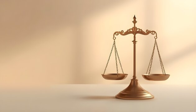 Elegant bronze balance scale on a neutral background symbolizing justice, law, fairness, equality, and legal integrity. Ideal concept for legal systems, courts, and ethical principles.