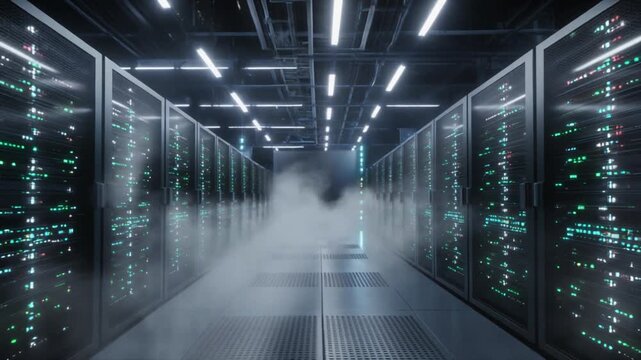 Inside a modern data center with rows of server racks and futuristic ambient lighting