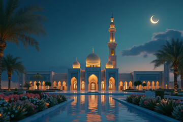 Mosque with minaret at night. Islamic architecture.