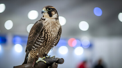 A majestic falcon perches on a gloved hand, showcasing its sharp features and patterned plumage against a blurred background.