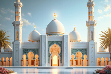 Arabic architecture. Mosque facade. Beautiful poster muslim holiday.