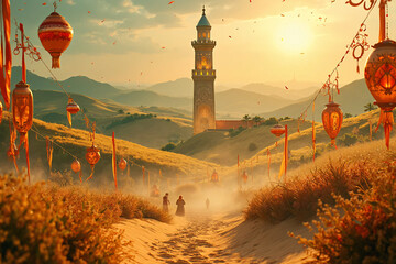 Islamic holiday poster card. Way to the minaret.