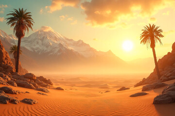 Desert landscape with date palms at sunset