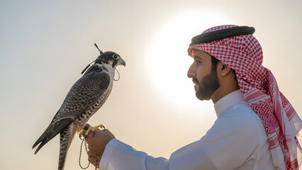 A man in traditional Middle Eastern attire holds a falcon perched on his gloved hand against a bright sky.