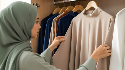 Woman in hijab choosing a light brown dress from a wardrobe filled with modest clothing options.