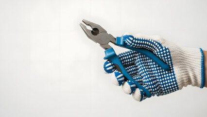 Close-up of a hand wearing a blue and white dotted work glove holding a pair of metal pliers against a plain white background.