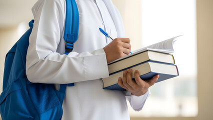 Young Student in Traditional Attire Carrying Books and Backpack, Engaging in Learning Activities