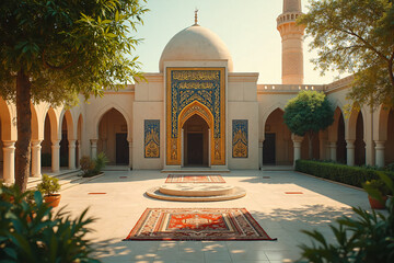 Mosque yard. Islam architecture. Beautiful poster muslim holiday.