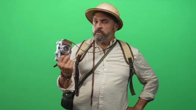 Man explorer holding vintage camera and gesturing with hand in green studio wearing pith hat and backpack; travel adventure curiosity.