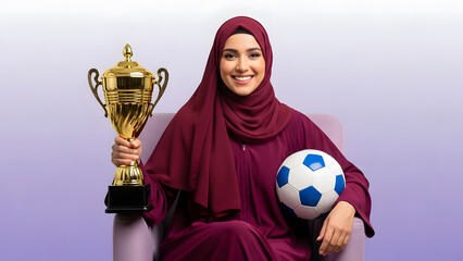 A smiling Muslim woman in a maroon hijab and abaya holds a trophy and a soccer ball.