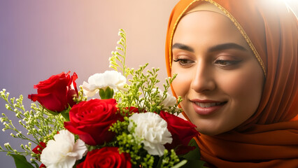 A smiling young Muslim woman in an orange hijab holding a bouquet of red and white roses.