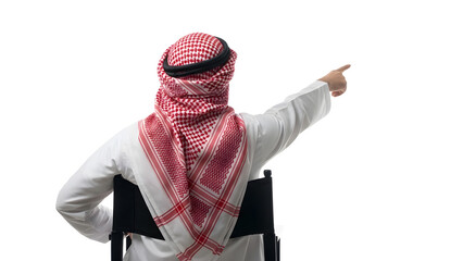 Man in Traditional Middle Eastern Attire Sitting in a Chair, Pointing to the Right Against a White Background.