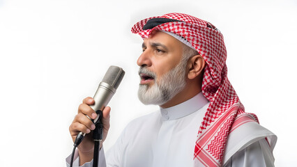 Middle Eastern man with beard and red and white keffiyeh speaking into a microphone in a studio.