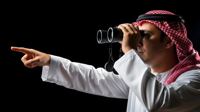 Man in traditional Saudi attire using binoculars and pointing, signifying exploration and vision on a black background.