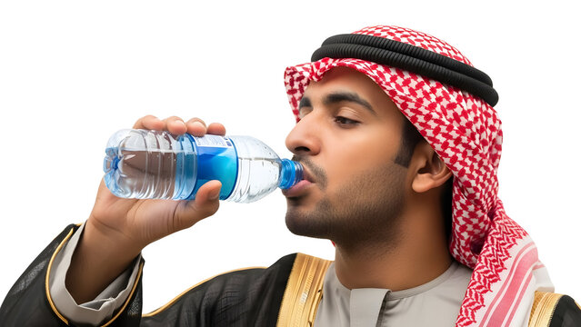 A young Middle Eastern man in traditional attire drinks water from a plastic bottle against a white background.