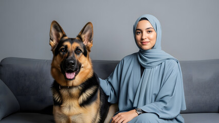 A young woman wearing a blue hijab and traditional abaya sits with a German Shepherd dog on a sofa.