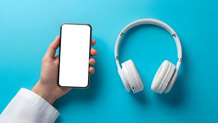 Person Holding a Smartphone with a Blank Screen Next to White Wireless Headphones on a Blue Background
