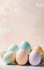 pastel easter eggs in a row with bokeh background, banner concept of holiday, celebration, spring