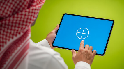 Person wearing a traditional keffiyeh using a tablet with a target icon on a bright green background.
