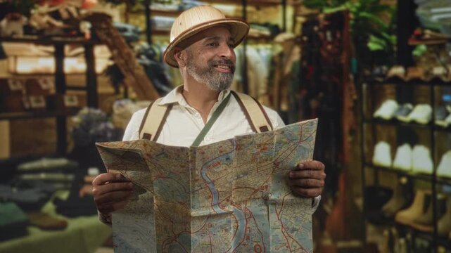 Man holding a large folded map and looking up in a building clothing shop, wearing pith helmet and backpack straps; curiosity travel exploration.