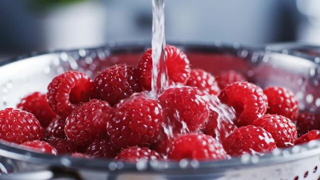 Refreshing raspberries glistening under a gentle stream of clear water in a colander