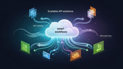 Scalable API Solutions Diagram with Smart Workflows and Microservices in a Cloud Computing Network Environment