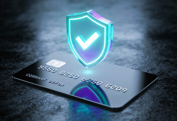 Glowing futuristic security shield with a checkmark over a payment card, symbolizing secure online transactions.