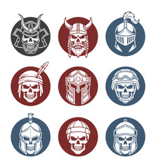 Skull illustrations in various helmets and headgear designs