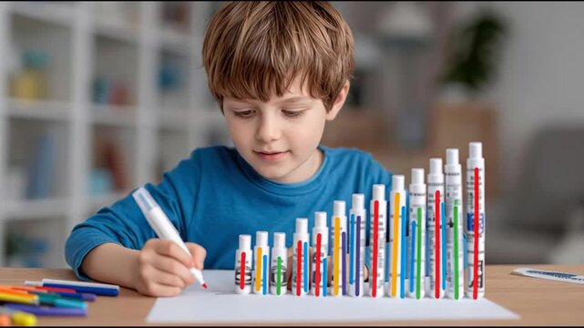 Young boy engaged in writing with colorful markers while considering education costs versus inflation in a chart concept. Education Costs and Inflation for Kids &ndash; Animated Video Version