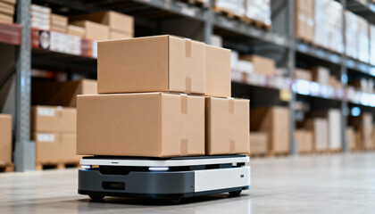 Automated robot transporting four stacked cardboard boxes in a modern logistics warehouse aisle with tall shelves.